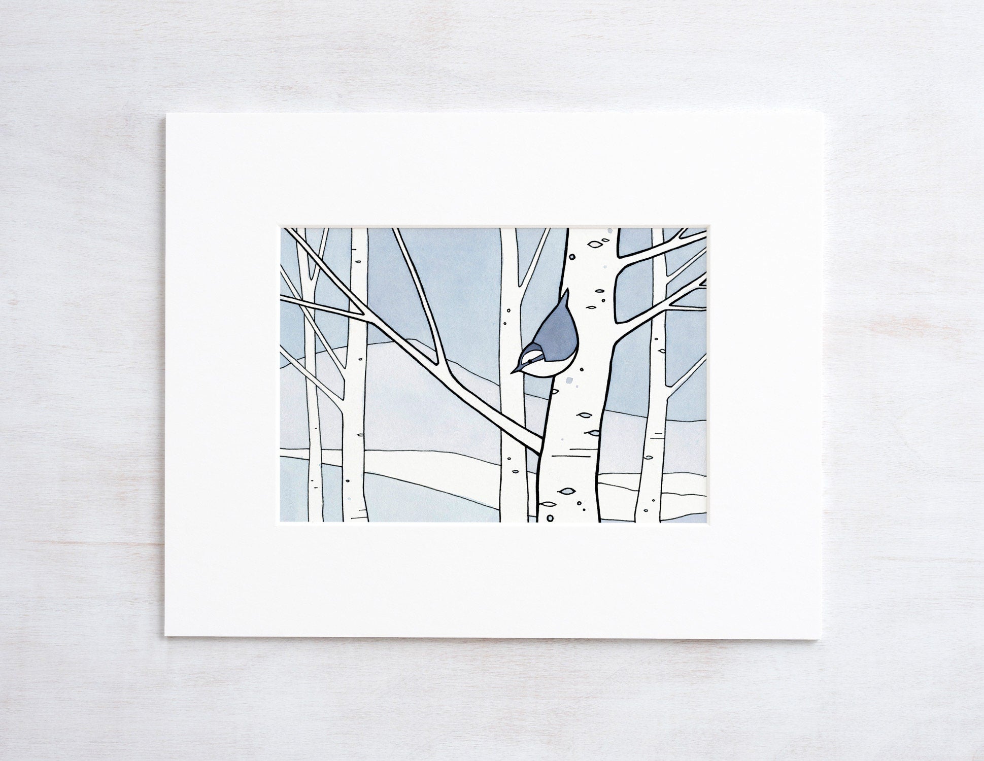 Nuthatch and Aspens Winter Illustration Print Kids Wall Art
