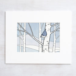 Nuthatch and Aspens Winter Illustration Print Kids Wall Art