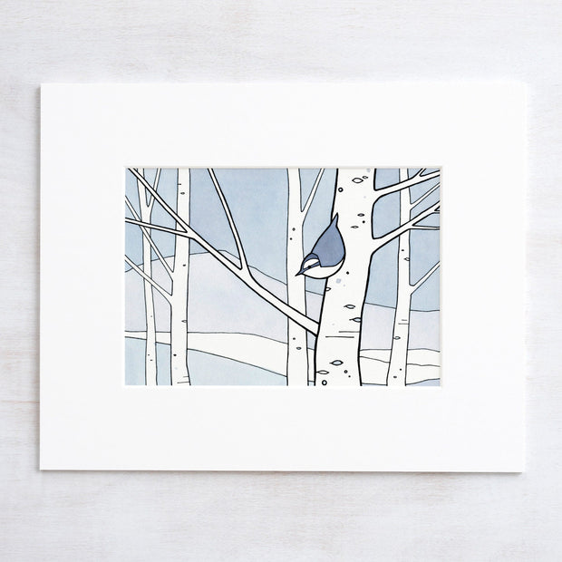 Nuthatch and Aspens Winter Illustration Print Kids Wall Art