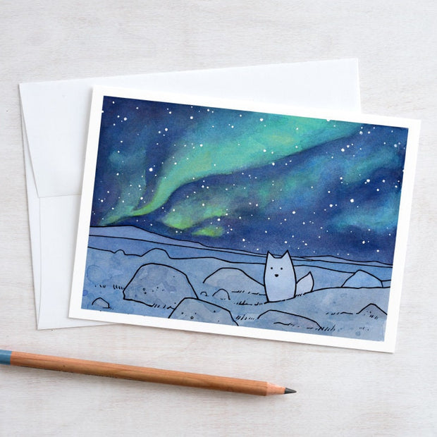 Arctic Fox Under Northern Lights Card