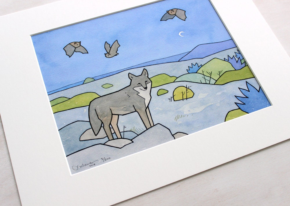 Coyote and Bats Art Print: