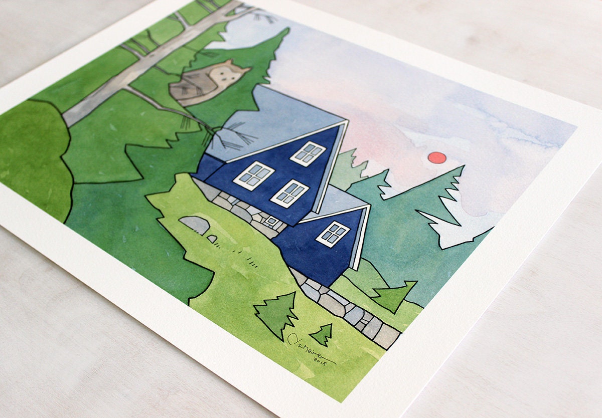 Owl and Cabin Print