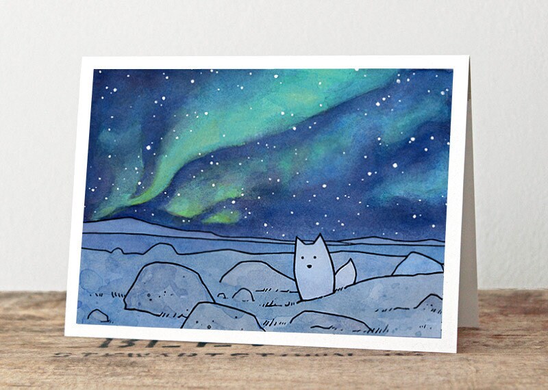 Arctic Fox Under Northern Lights Card