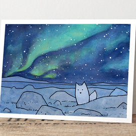 Arctic Fox Under Northern Lights Card