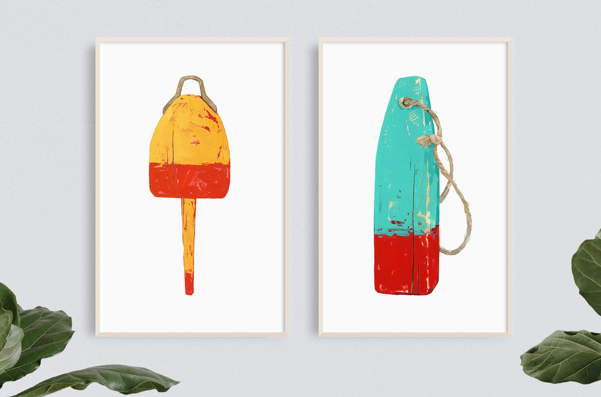 Lobster Buoy Print Nautical Wall Art Teal and Red