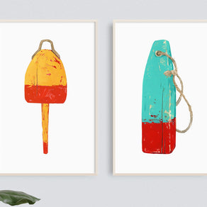 Lobster Buoy Print Nautical Wall Art Teal and Red