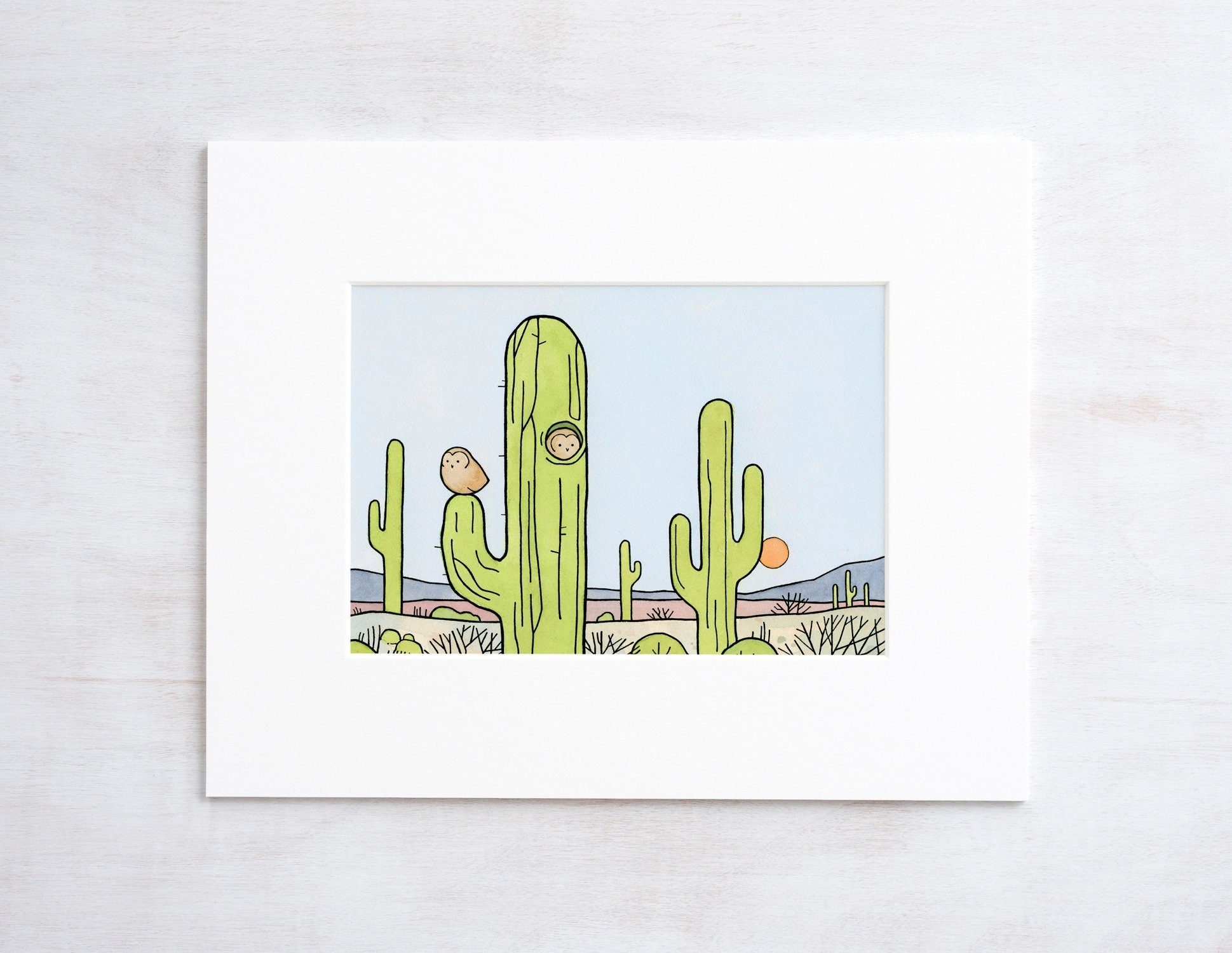 Owls & Saguaro Cactus Print