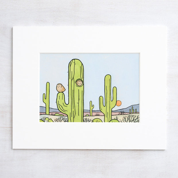Owls & Saguaro Cactus Print