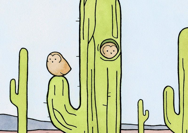 Owls & Saguaro Cactus Print