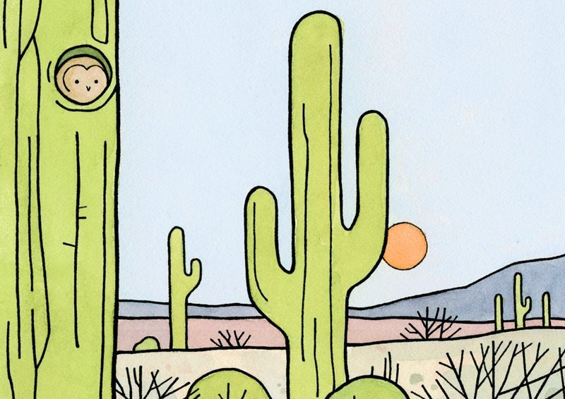 Owls & Saguaro Cactus Print