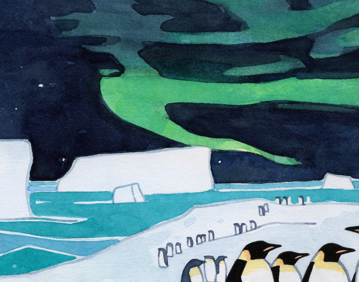 Emperor Penguins and Aurora Print