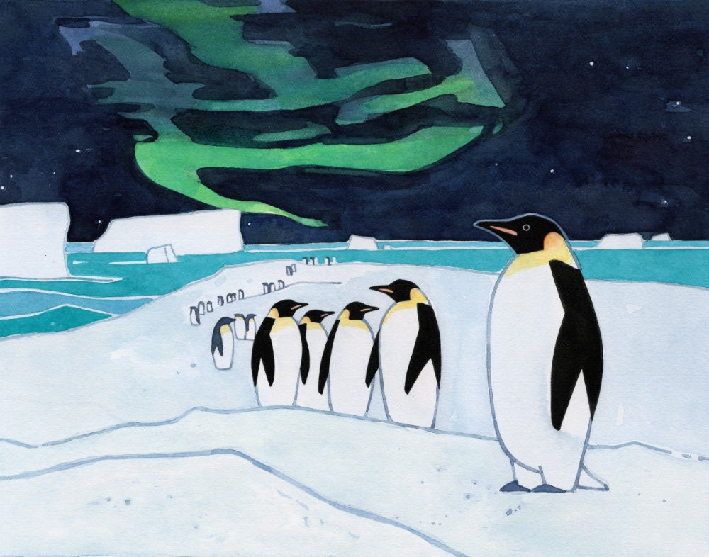 Emperor Penguins and Aurora Print