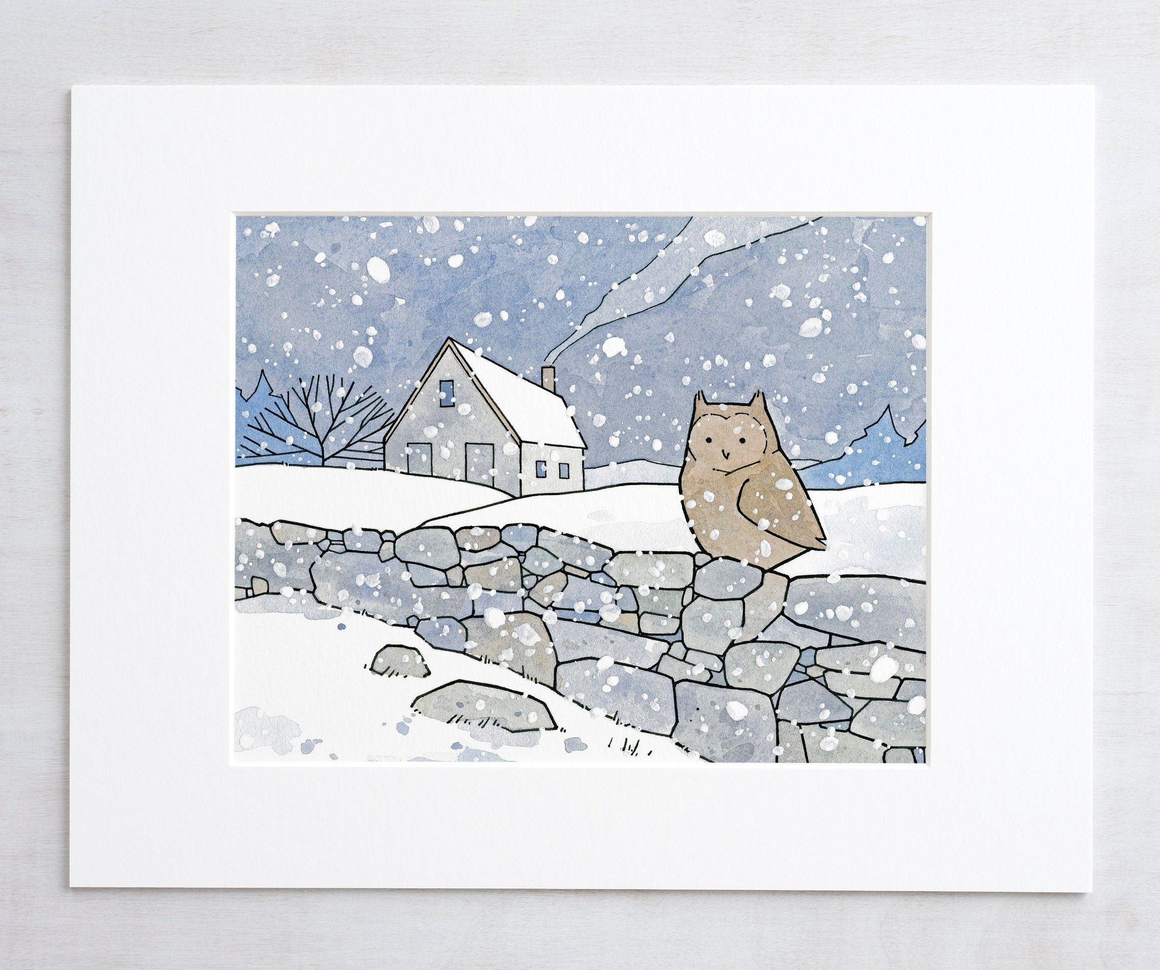 Owl and Farmhouse in Snow Print