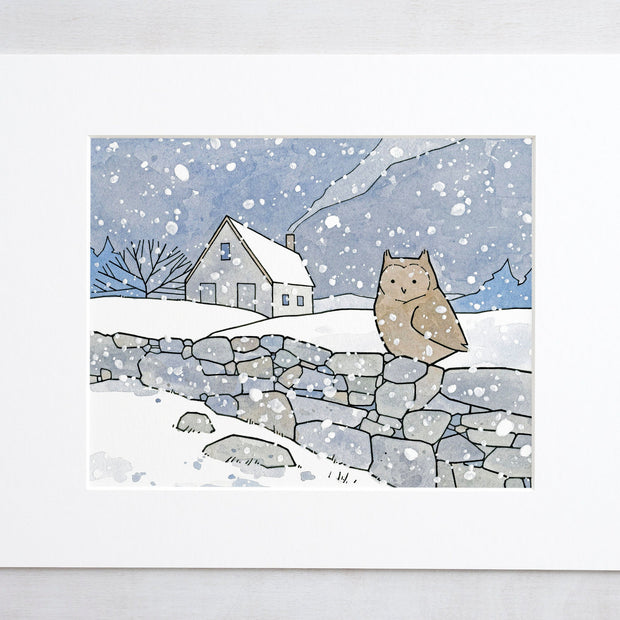 Owl and Farmhouse in Snow Print