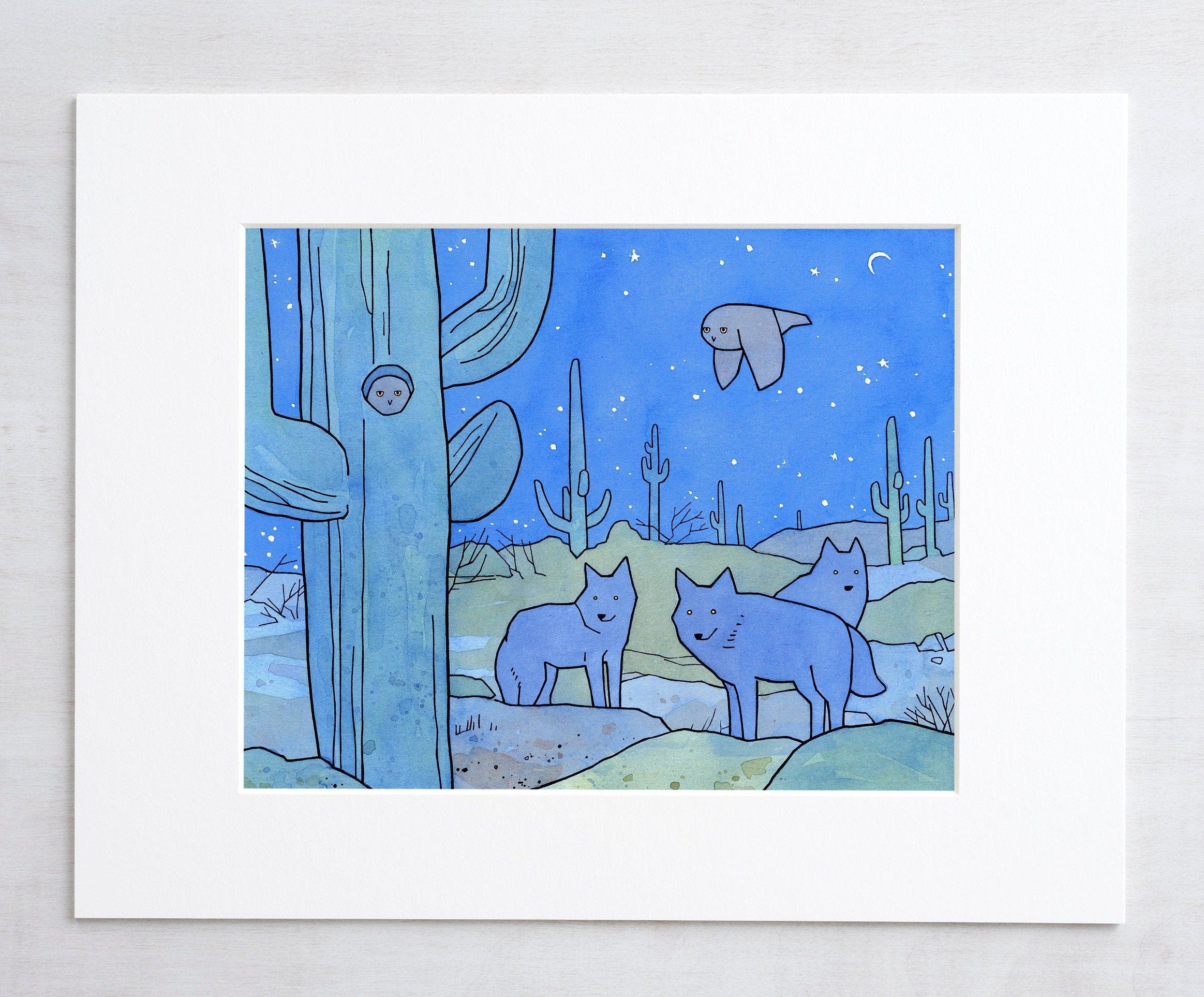 Desert Owl and Coyotes Print