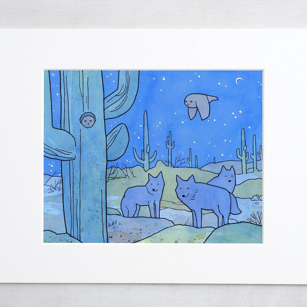 Desert Owl and Coyotes Print