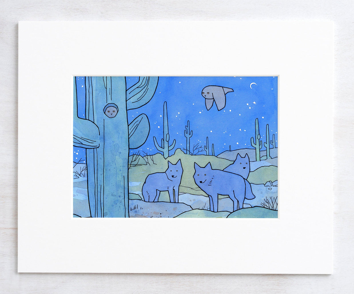 Desert Owl and Coyotes Print