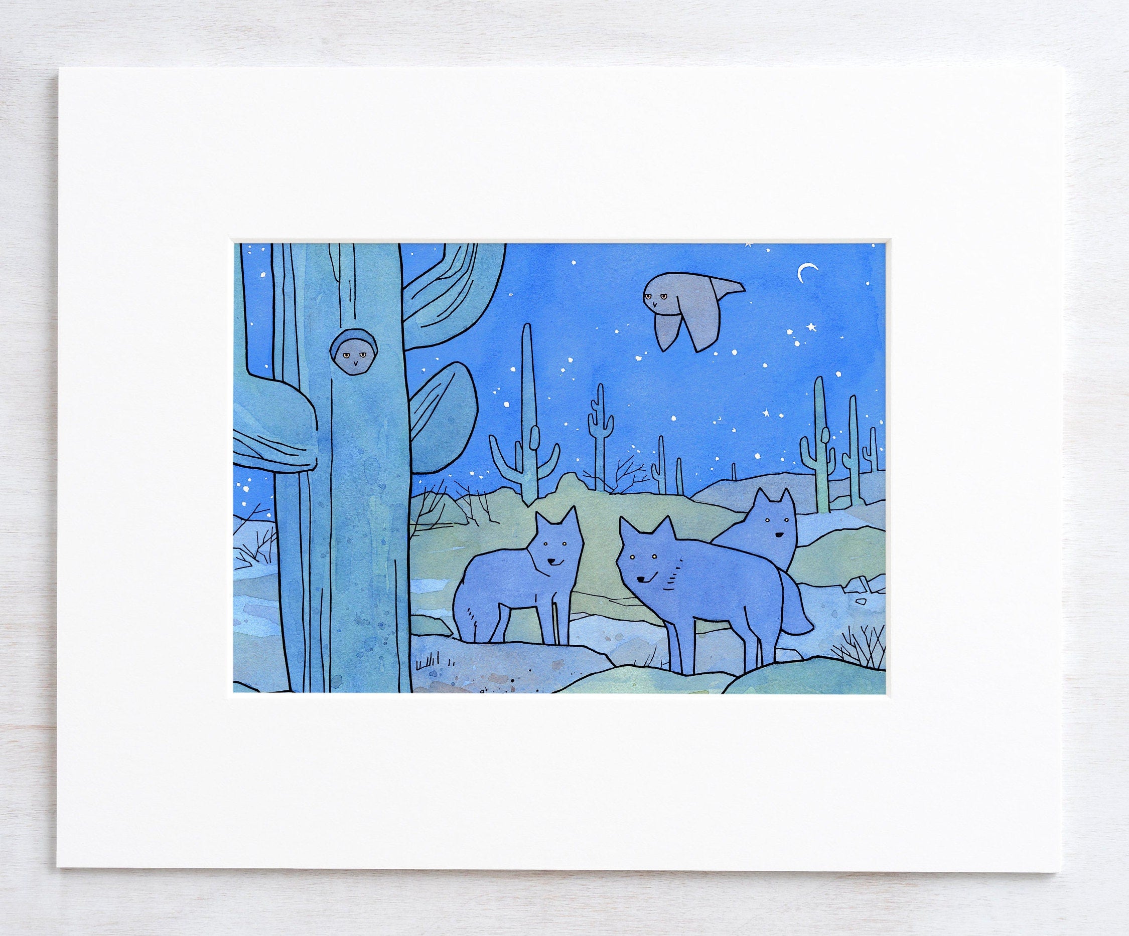 Desert Owl and Coyotes Print