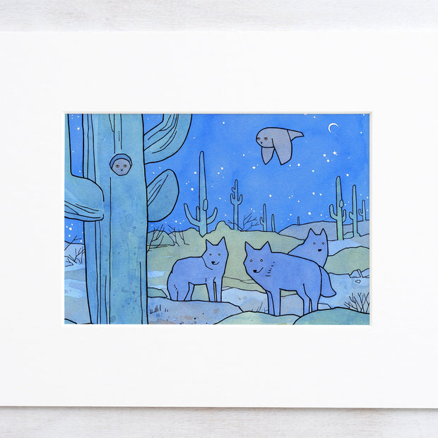 Desert Owl and Coyotes Print