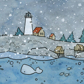 Coastal Christmas Card Snowy Lighthouse and Whale