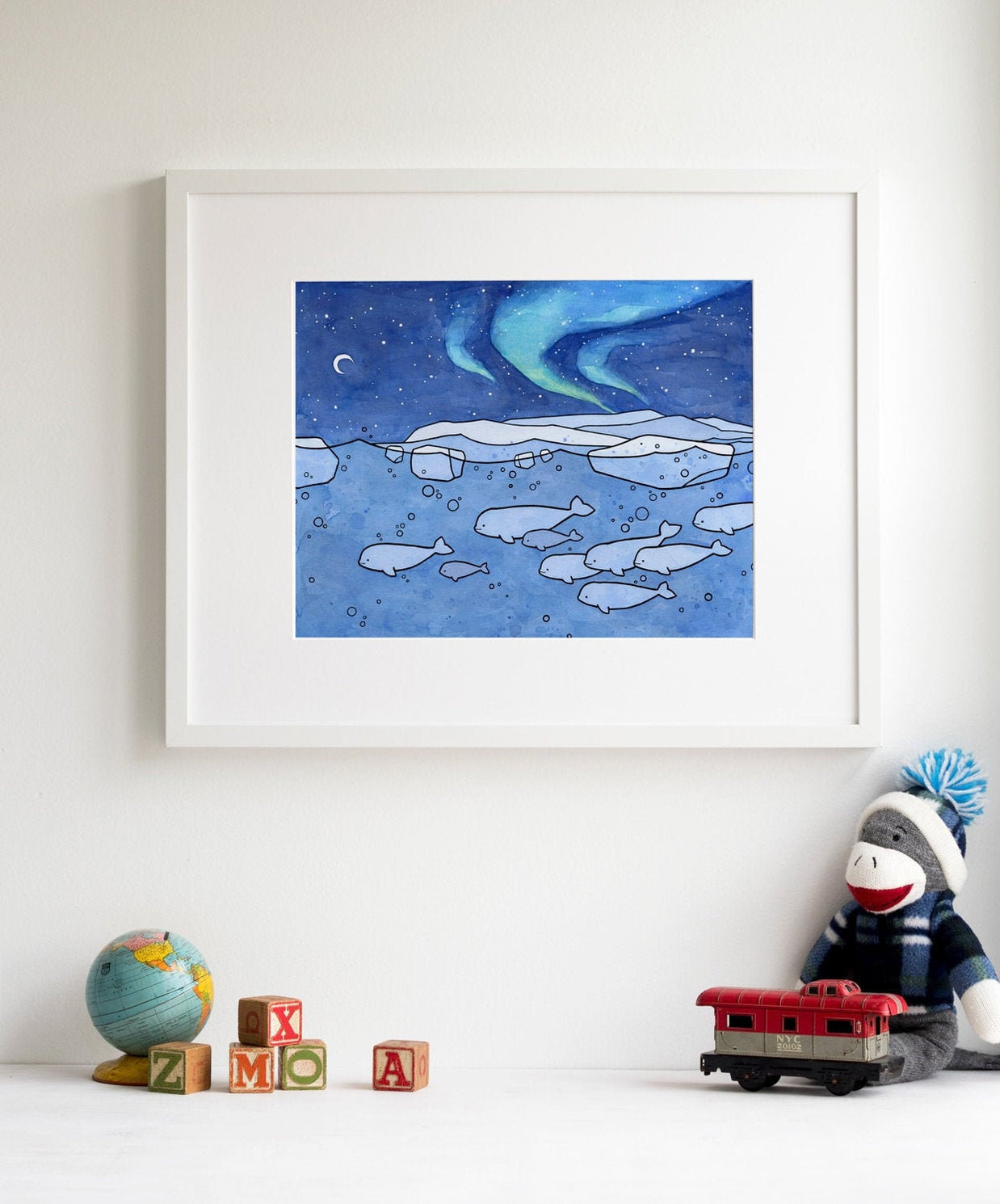Belugas and Aurora Illustration Arctic Animal Print