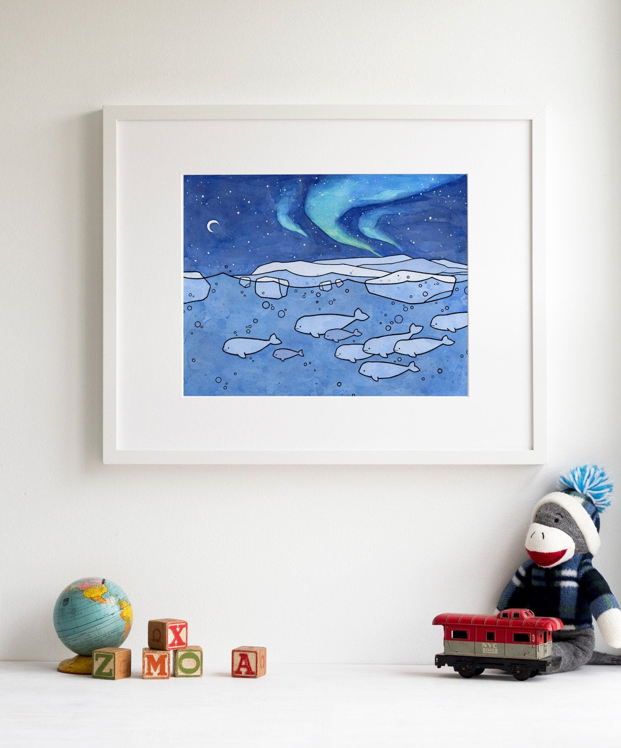 Belugas and Aurora Illustration Arctic Animal Print