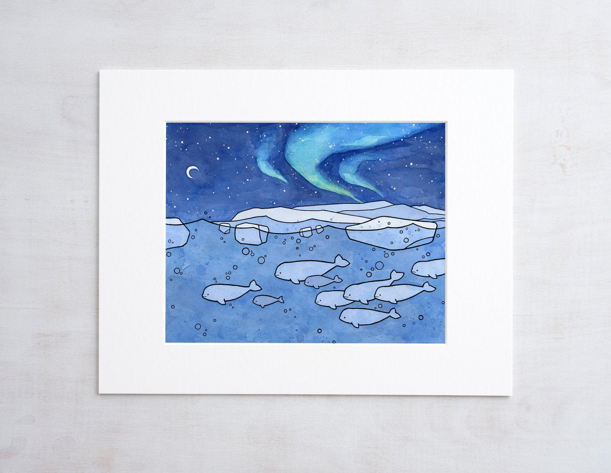 Belugas and Aurora Illustration Arctic Animal Print