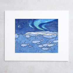 Belugas and Aurora Illustration Arctic Animal Print