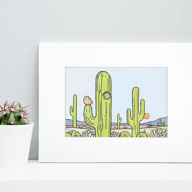 Owls & Saguaro Cactus Print