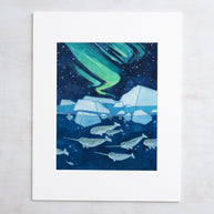 Narwhals Northern Lights Print