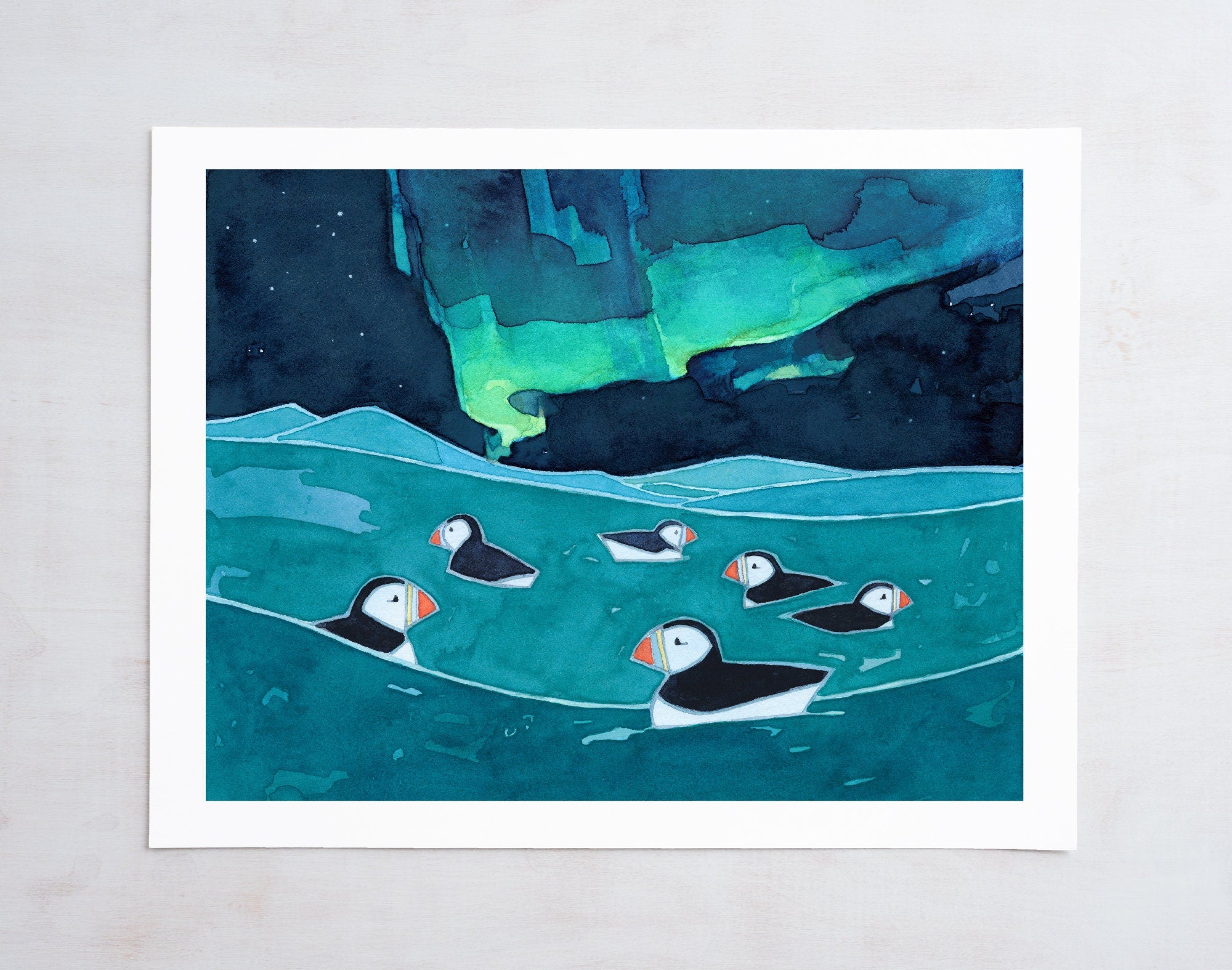 Puffins & Northern Lights Print