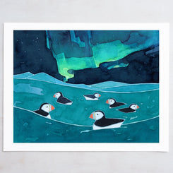 Puffins & Northern Lights Print