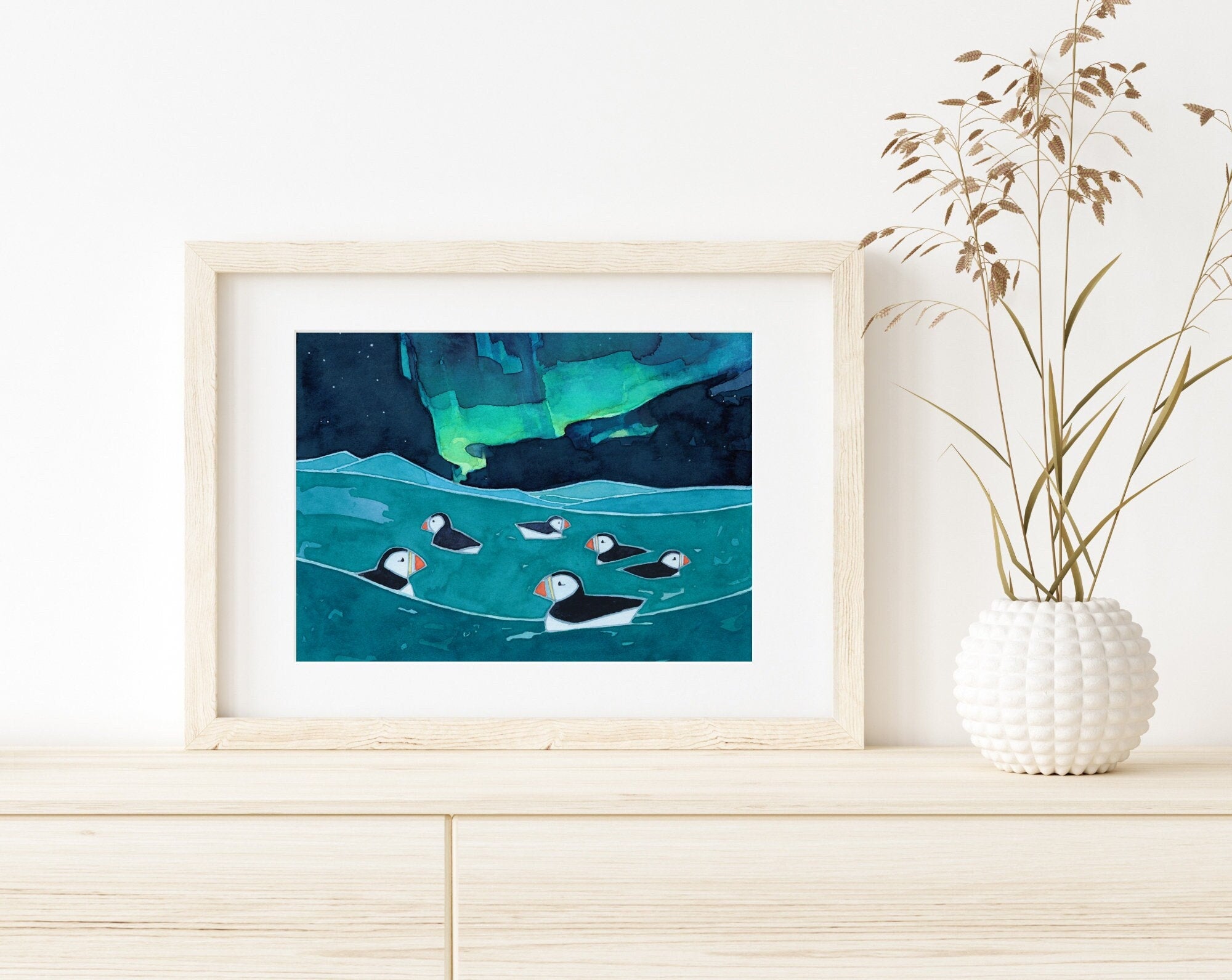 Puffins & Northern Lights Print