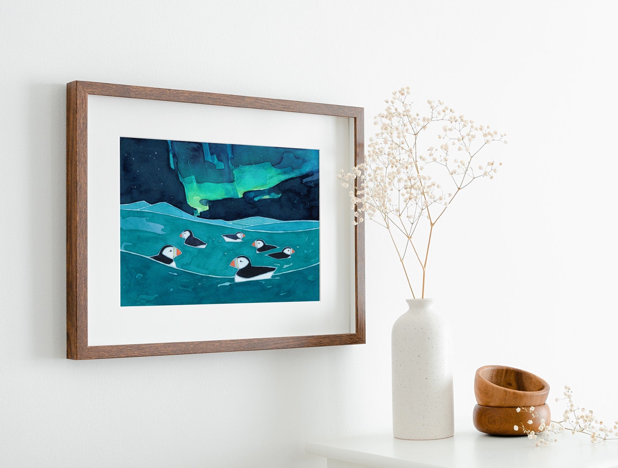 Puffins & Northern Lights Print