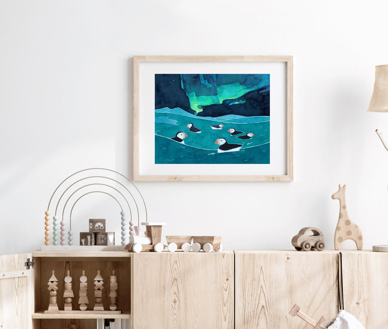 Puffins & Northern Lights Print