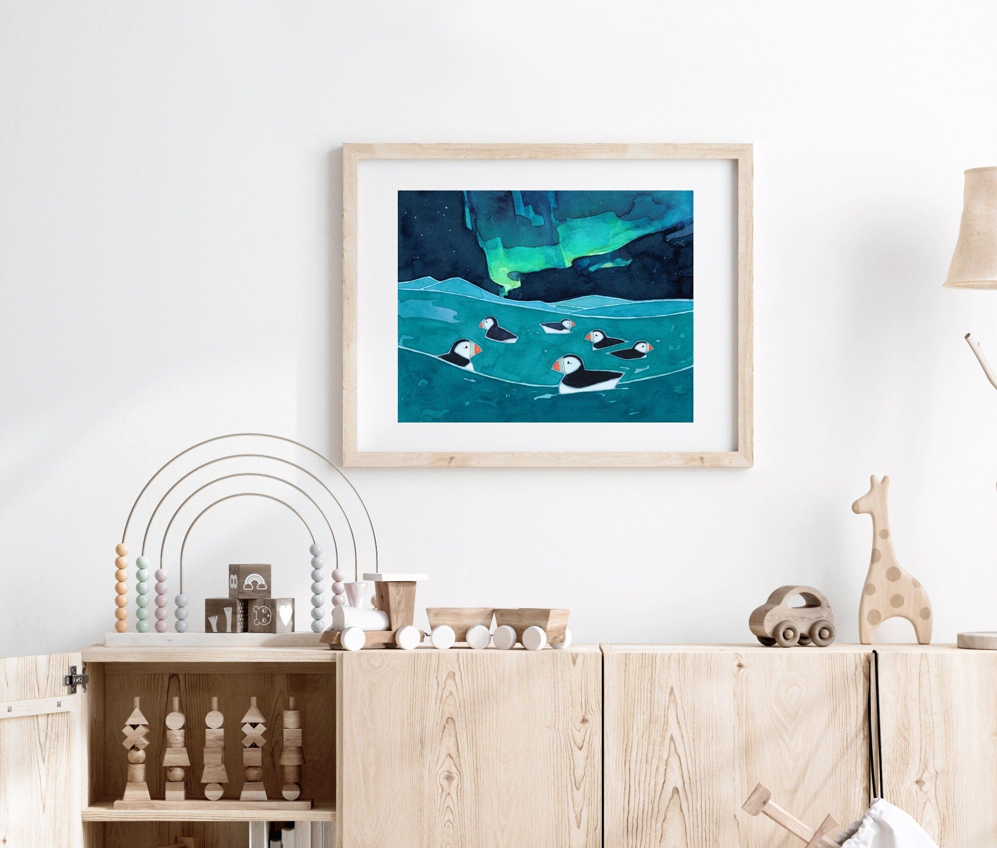 Puffins & Northern Lights Print