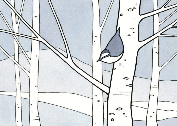 Nuthatch and Aspens Winter Illustration Print Kids Wall Art