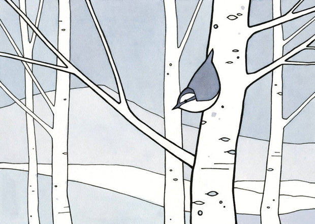 Nuthatch and Aspens Winter Illustration Print Kids Wall Art