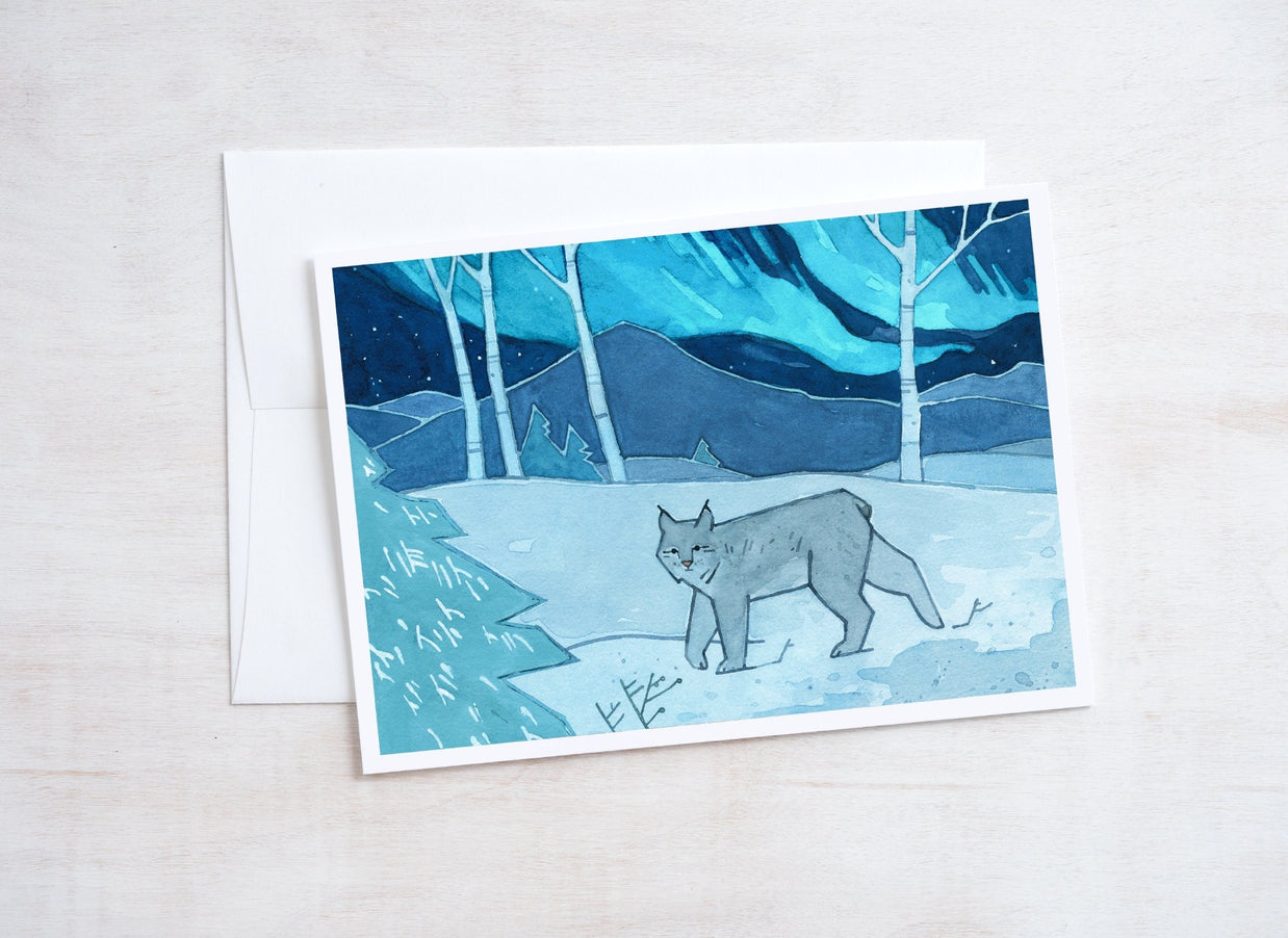 Lynx and Northern Lights Card Illustrated Holiday Card