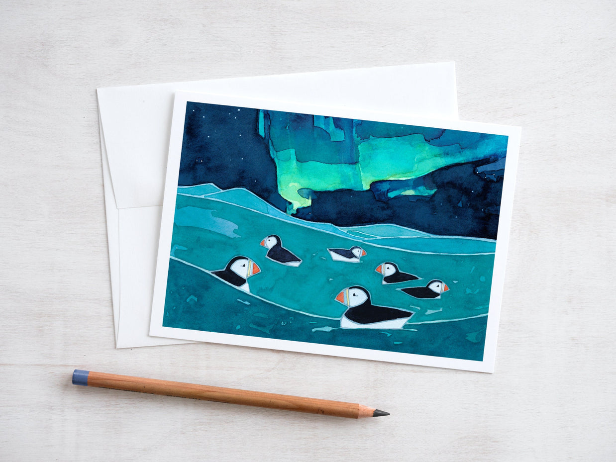Puffins and Northern Lights Card