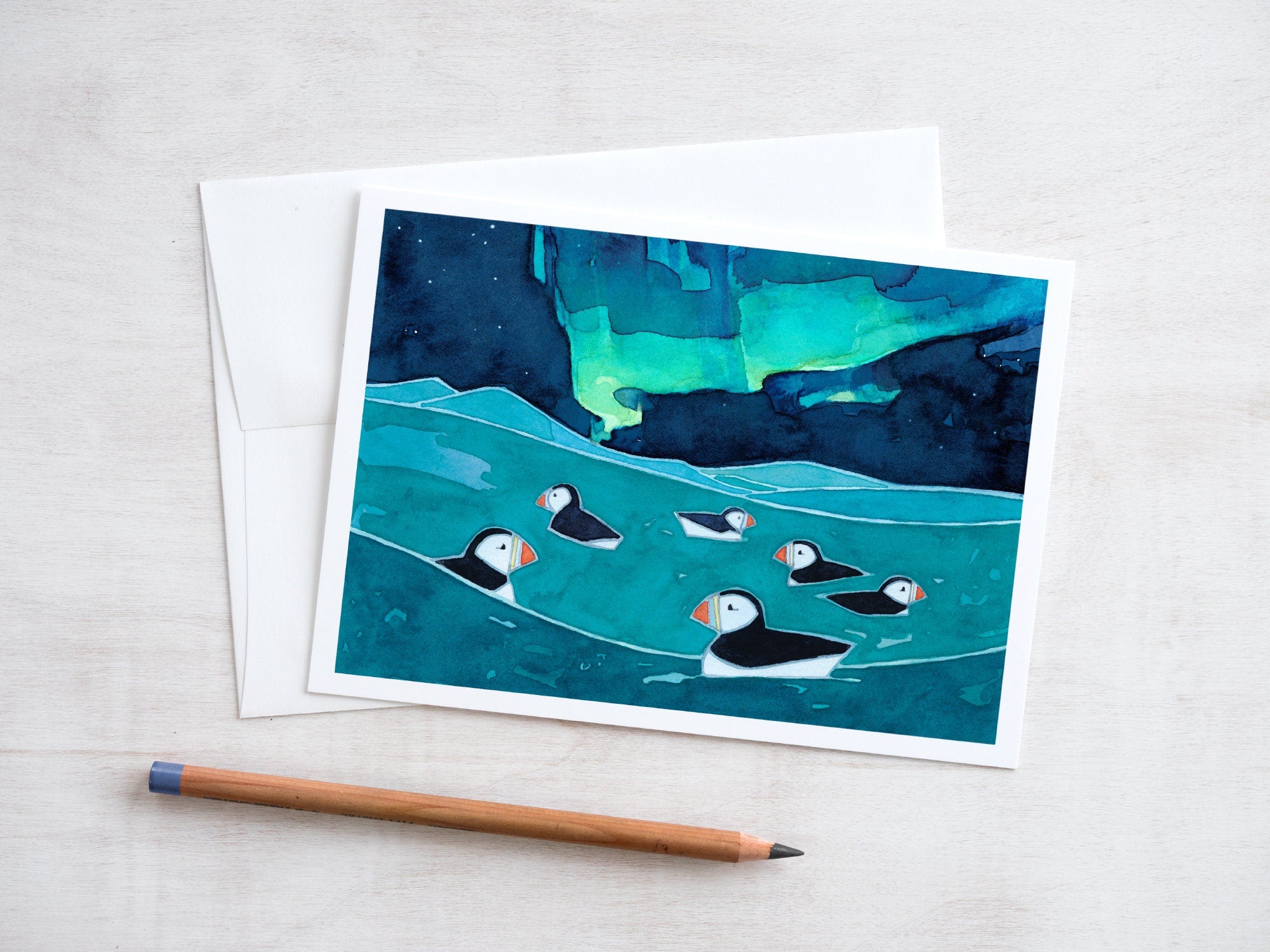 Puffins and Northern Lights Card