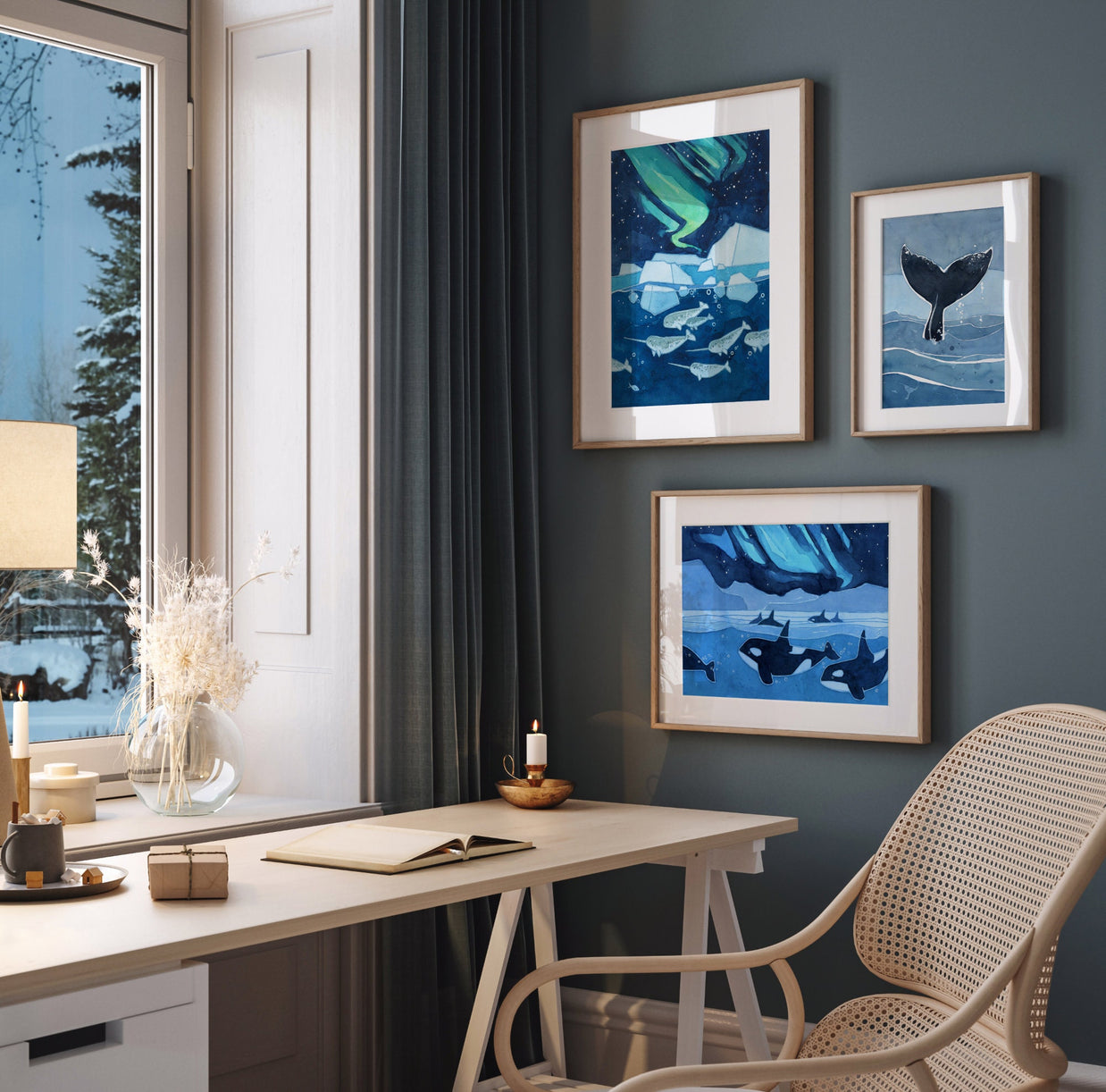 Narwhals Northern Lights Print