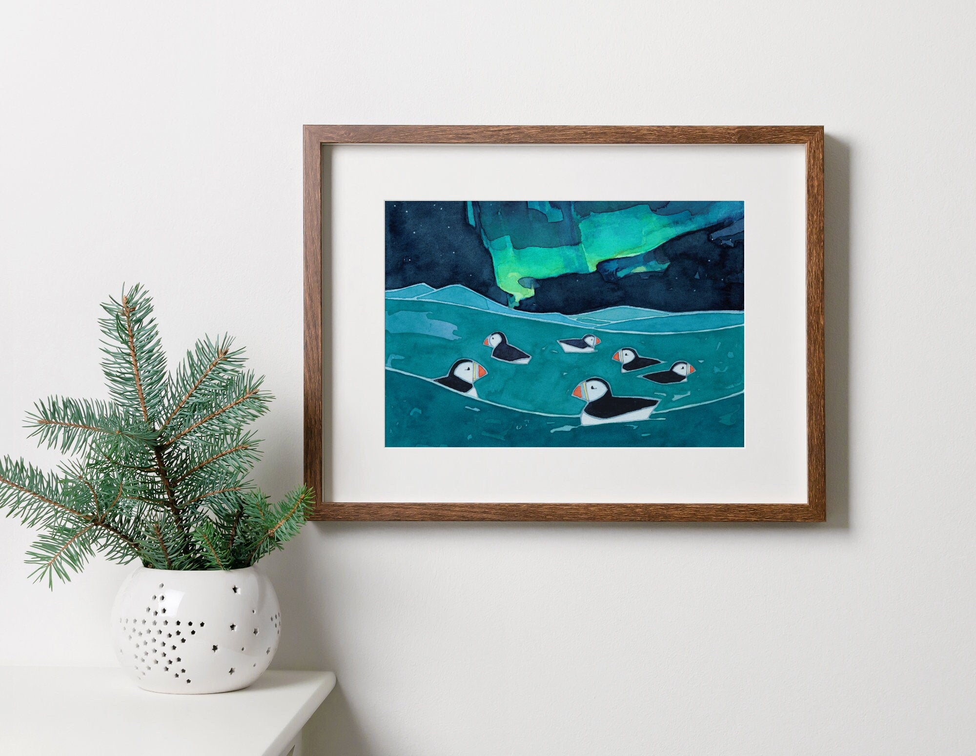 Puffins & Northern Lights Print