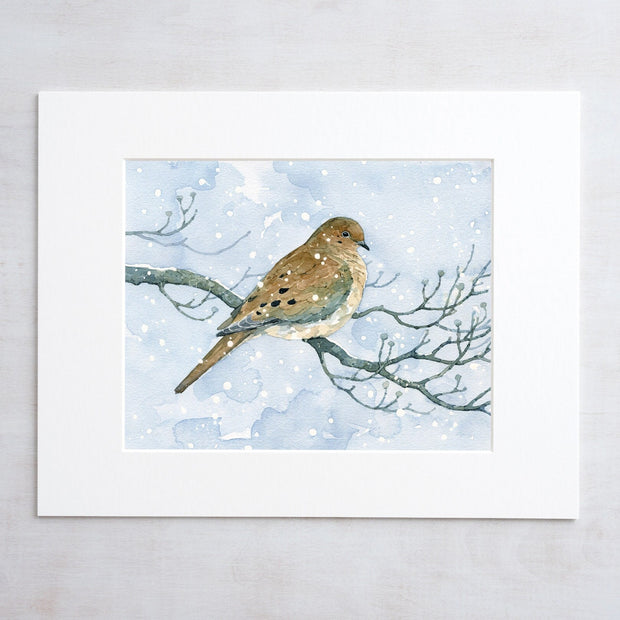 Mourning Dove On Dogwood in Snow Watercolor Print