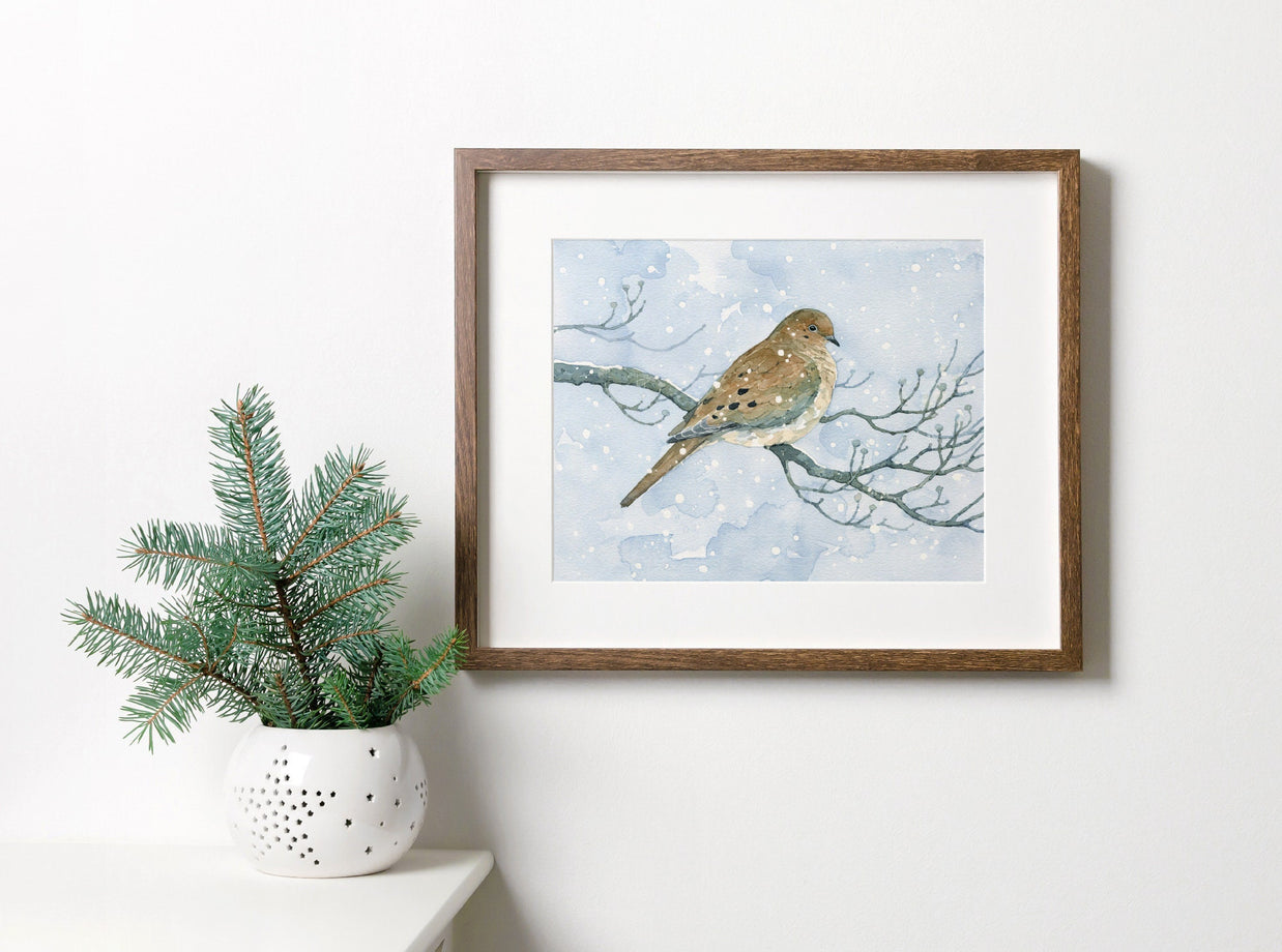 Mourning Dove On Dogwood in Snow Watercolor Print