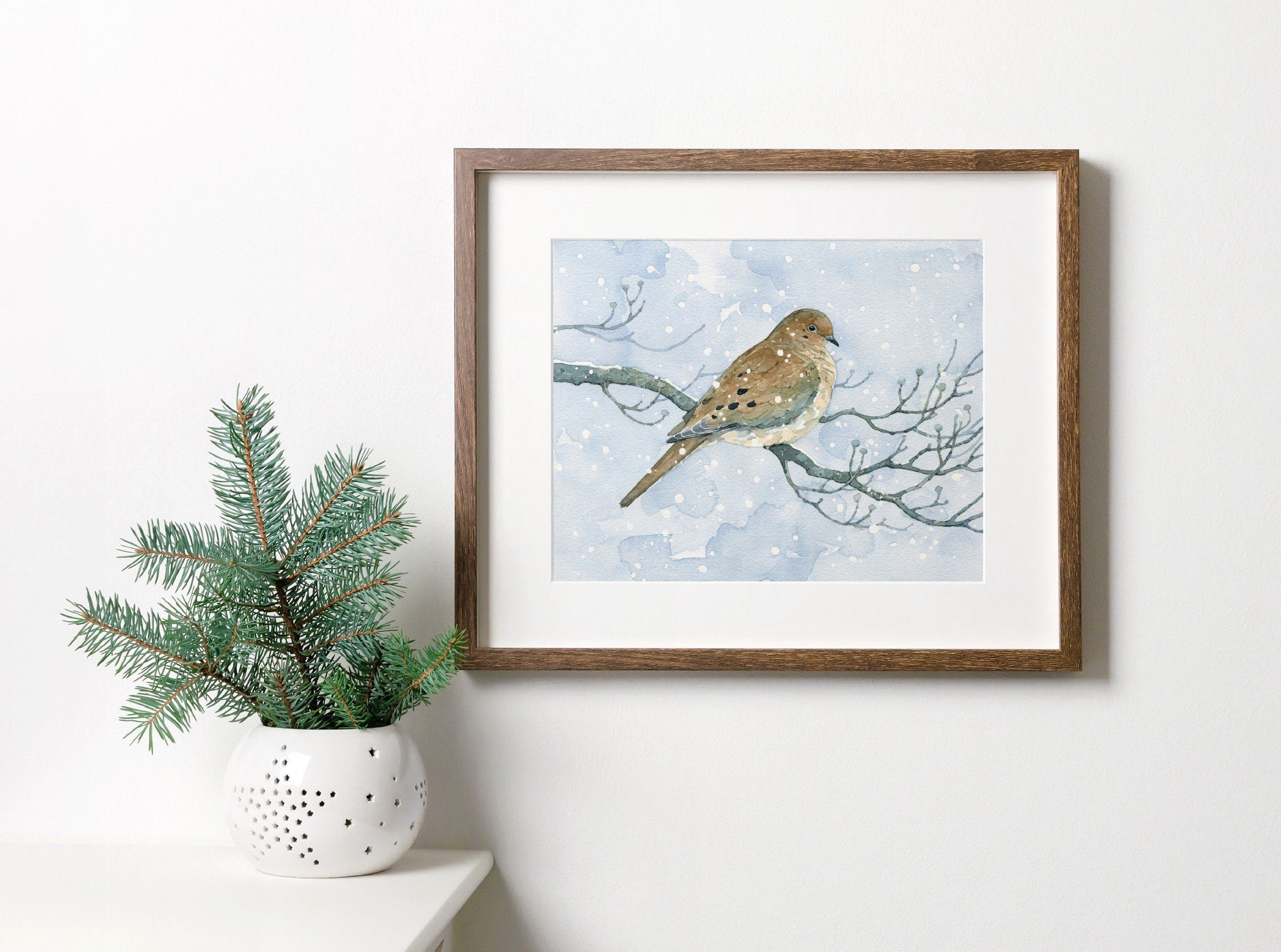 Mourning Dove On Dogwood in Snow Watercolor Print