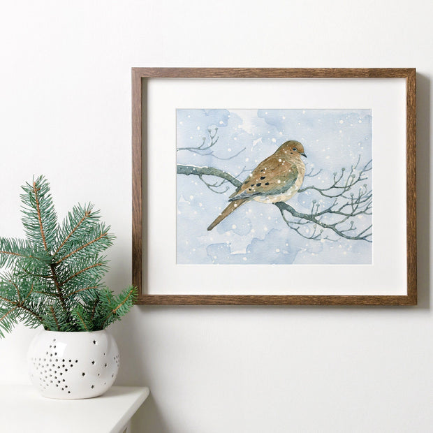 Mourning Dove On Dogwood in Snow Watercolor Print