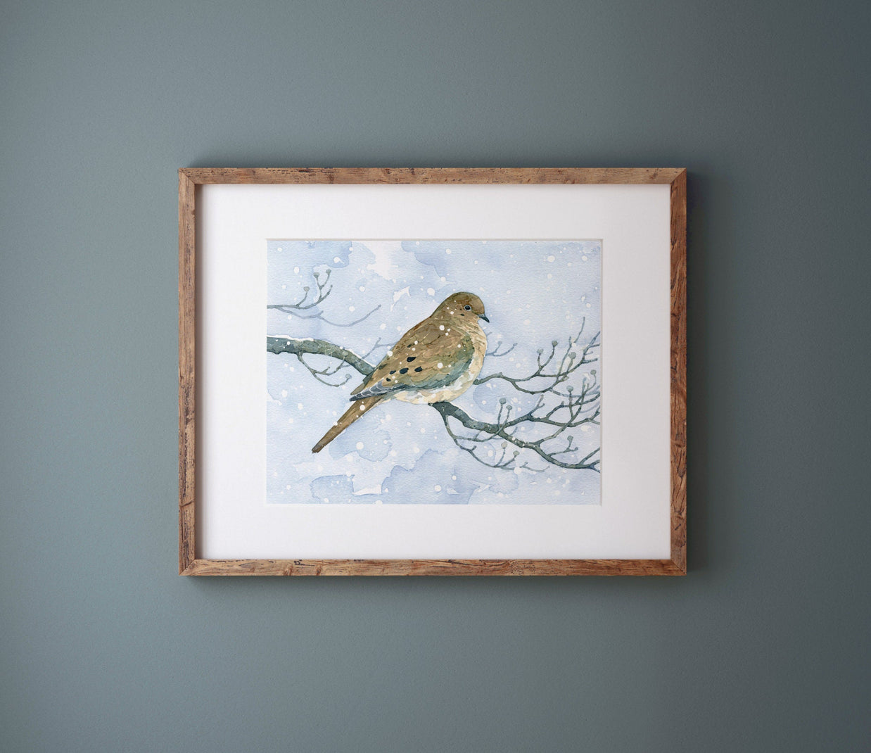 Mourning Dove On Dogwood in Snow Watercolor Print