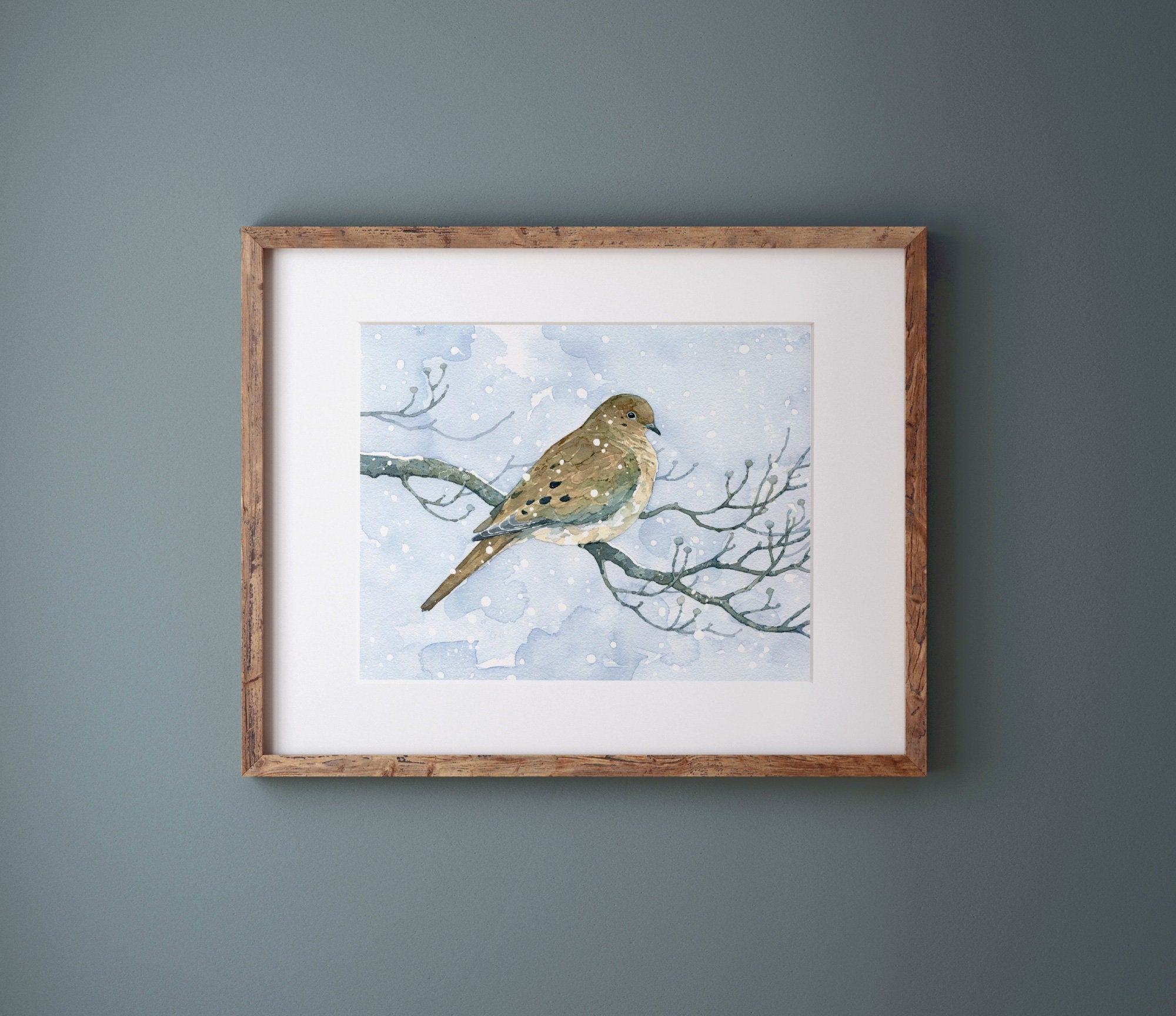 Mourning Dove On Dogwood in Snow Watercolor Print