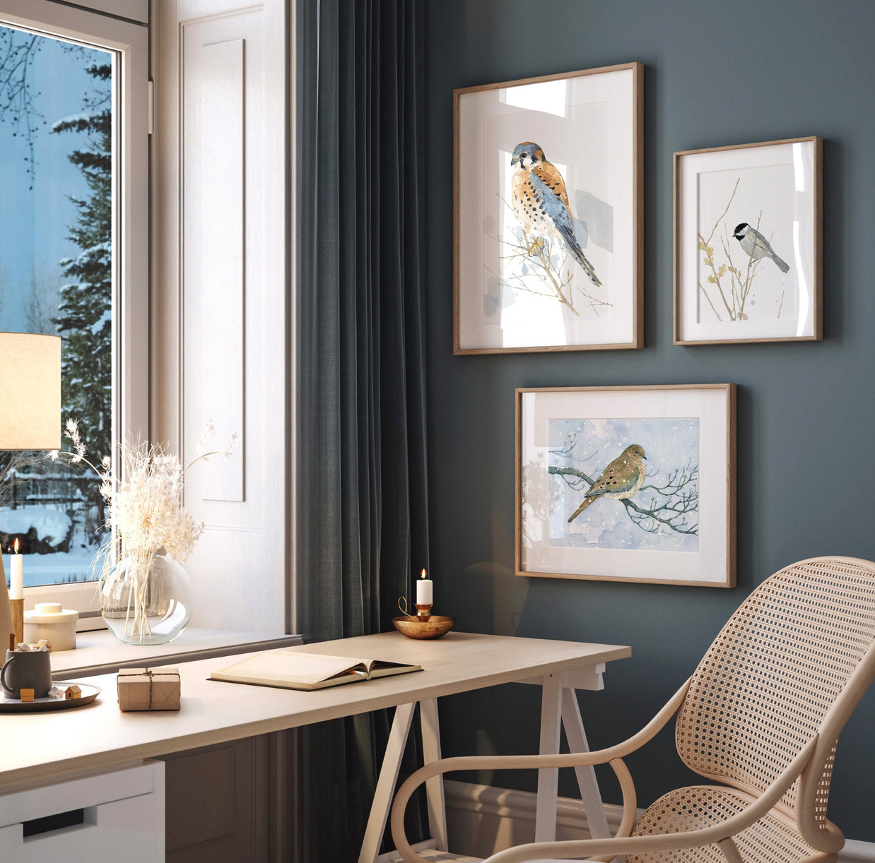 Mourning Dove On Dogwood in Snow Watercolor Print